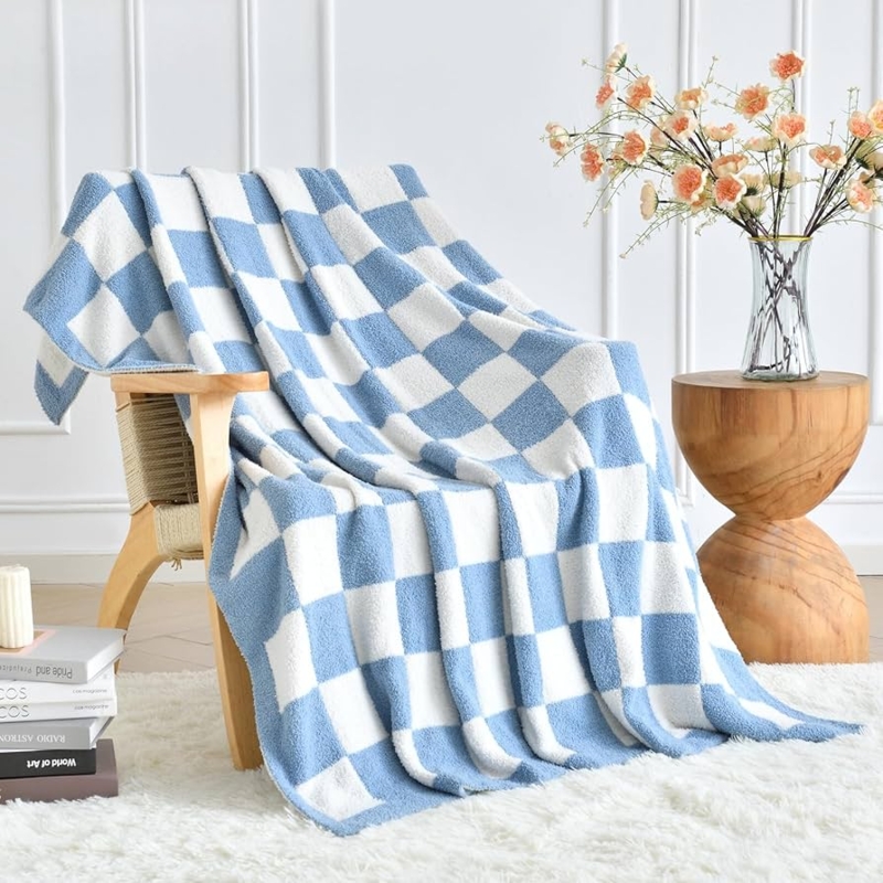 Navy Blue and White Checkered Throw Blanket, Fuzzy Texture, Modern