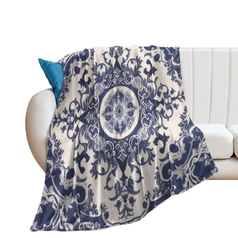 Navy Blue Damask Throw Blanket, Folded Plush, Classic Navy and White Bedding