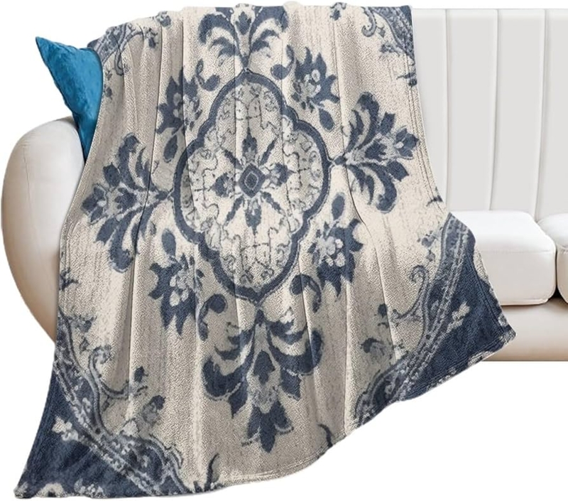 Navy Blue Damask Throw Blanket, Plush Flannel Texture, Plush Sofa Throw