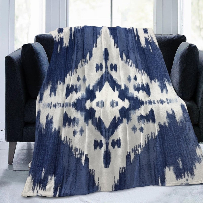 Navy Blue Ikat Pattern Throw, Plush Fleece Texture, Modern Style