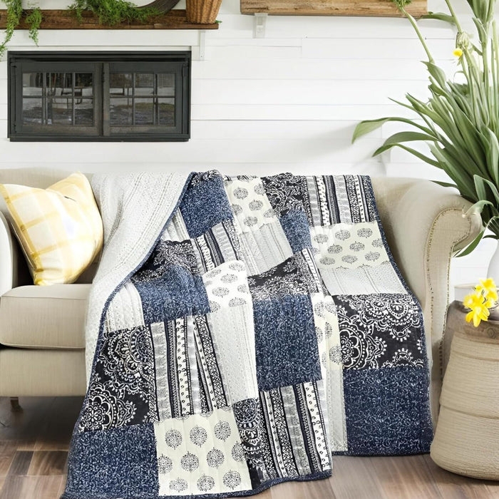 Navy Blue Patchwork Throw, Scalloped Edges, Farmhouse Cottage Quilt