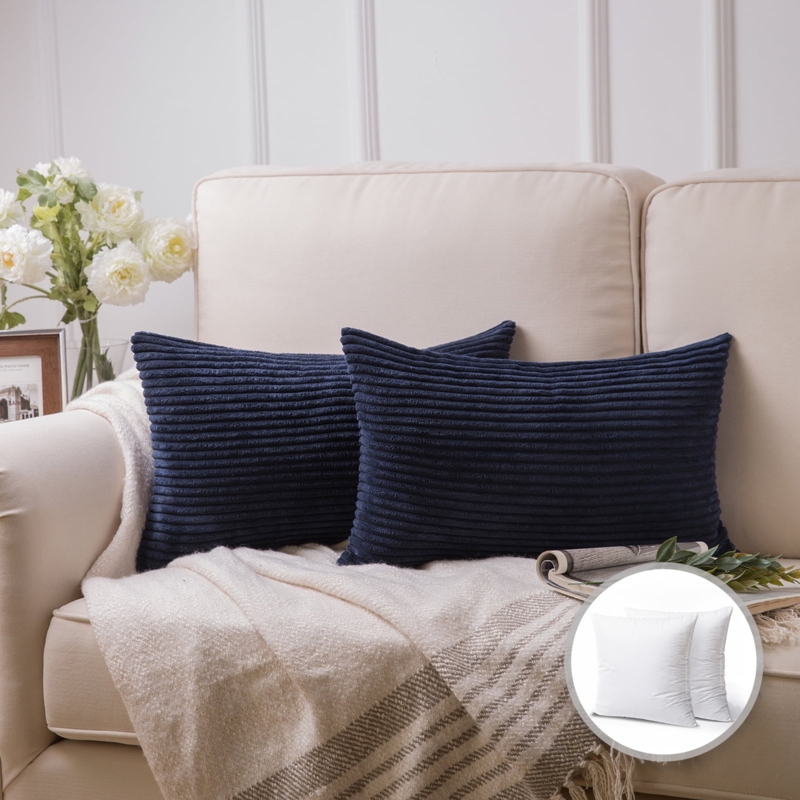 Navy Blue Ribbed Corduroy Lumbar Pillow Set of Two