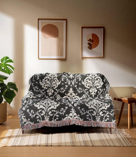 Navy Blue Silver Jacquard Damask Throw Blanket, Fringed, Elegant Blanket