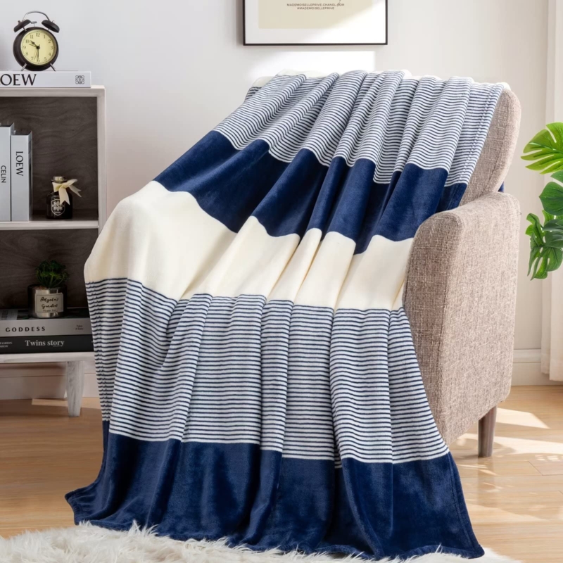 Navy Blue Throw Blanket with Striped Texture, Soft Plush Fleece Accent