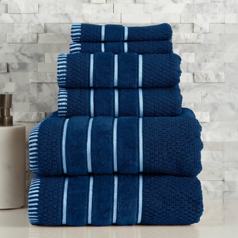 Navy Blue Towel Set with Rice Weave Texture for Coastal Bathroom