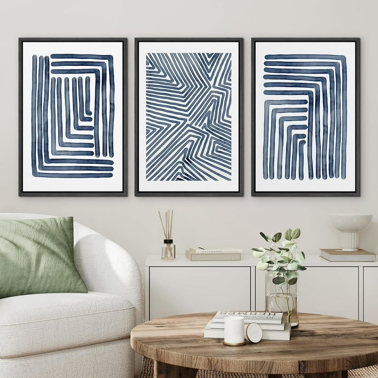 Navy Blue Wall Art Set, Geometric Prints Thin Black Frame Triptych