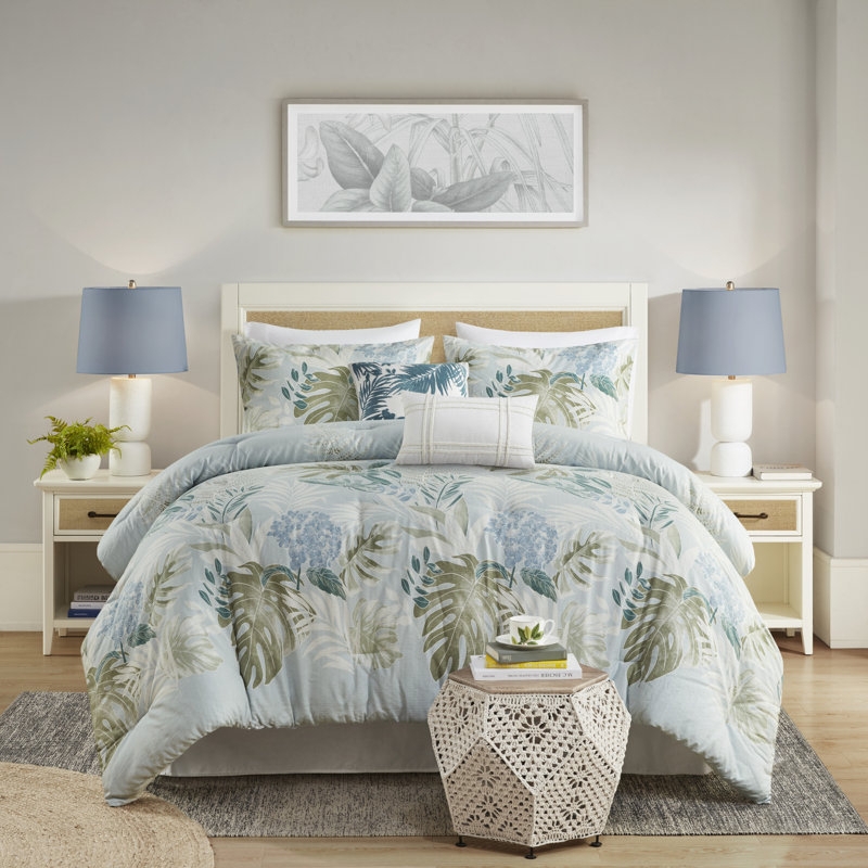 Navy Botanical Comforter Set with Decorative Pillows, Coastal Bedding