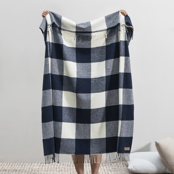 Navy Buffalo Check Throw Blanket, Woven Fabric, Fringed Edges