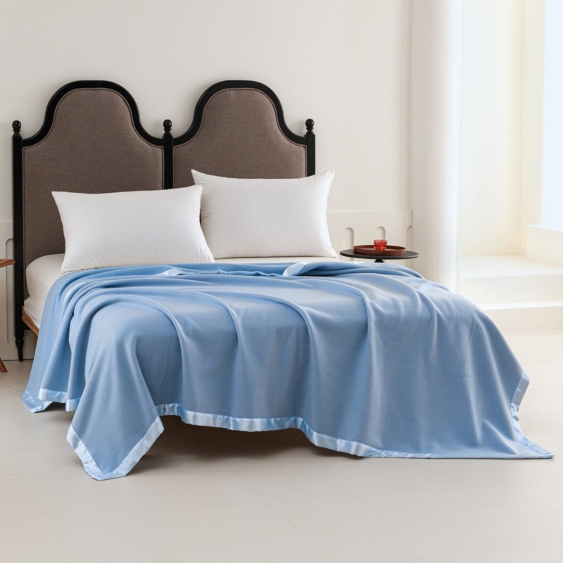 Navy Fleece Throw Blanket with Satin Trim, Mitered Corners, Classic (65 chars)