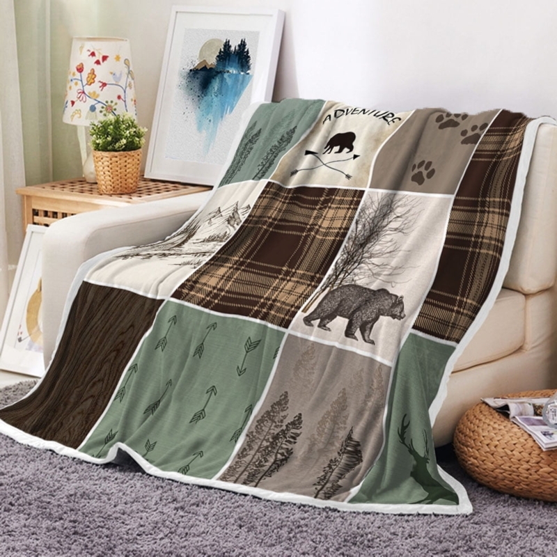 Navy Lodge Flannel Throw Bear Deer Plaid Print Rustic Cabin Accent
