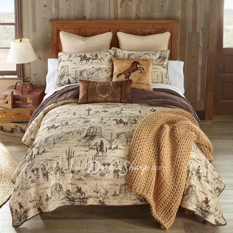 Navy Patchwork Quilt Set with Cowboy Silhouettes, Rustic Western Bedding