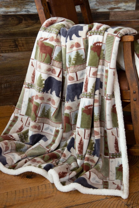 Navy Sherpa Throw Reversible Lodge Print Rustic Cabin Bedroom Decor