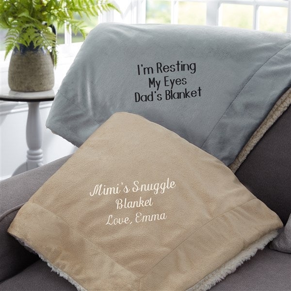 Navy Throw Blanket Monogrammed Sherpa Contrast Lining Wreath