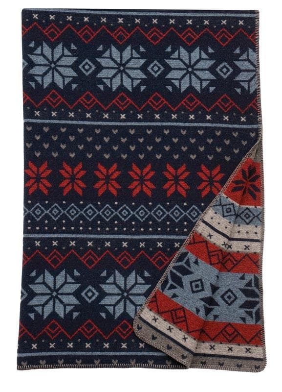 Navy Woven Throw Blanket, Geometric Nordic Motif with Fringe