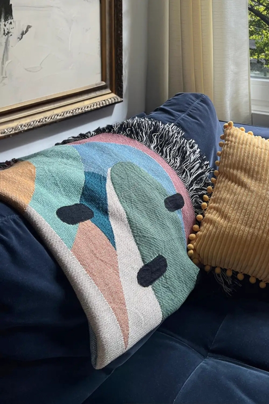 Navy Woven Throw Blanket with Abstract Parrot Design and Fringe