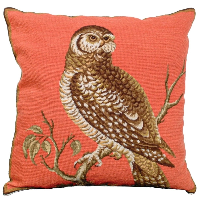 Needlepoint Owl Accent Pillow with Wool Embroidery and Piping