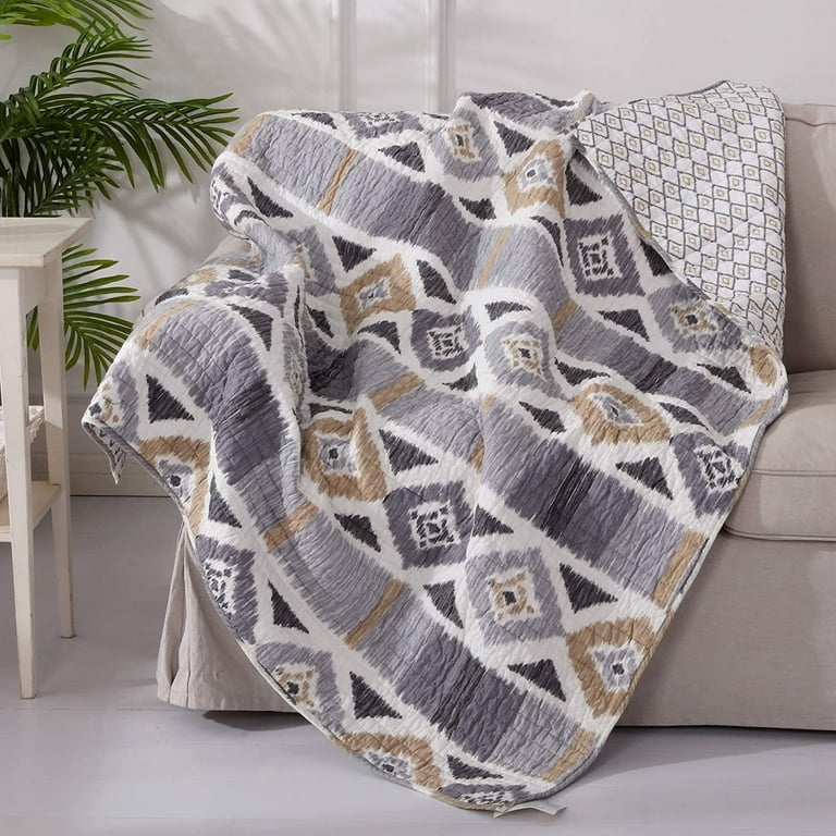 Neutral Ikat Pattern Quilted Throw, Cotton Fabric, Southwestern Style