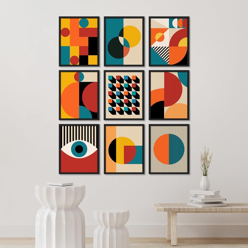 Nine-Piece Gallery Wall Set: Mid-Century Geometric Black Frames