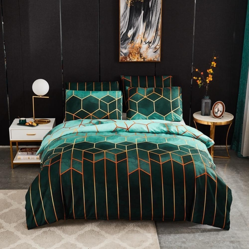 Nordic Duvet Cover Set Navy Ochre Contrast Large Scale Geometric Grid