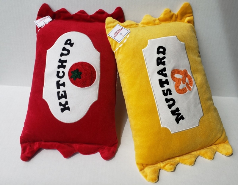 Novelty Throw Pillows in Plush Ketchup and Mustard Condiment Packet Theme