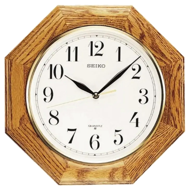 Octagonal Wall Clock, Brown Wood Frame, White Face with Red Second Hand