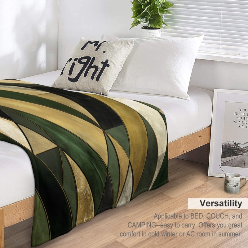 Olive Green Geometric Throw with Abstract Gold Lines and Soft Finish