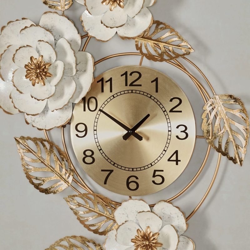 Ornate Wall Clock Ivory And Gold Sunburst Floral Metal Glam Decor