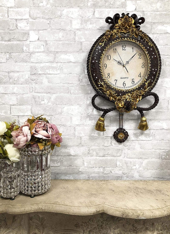 Ornate Wall Clock with Baroque Carvings & Swinging Pendulum
