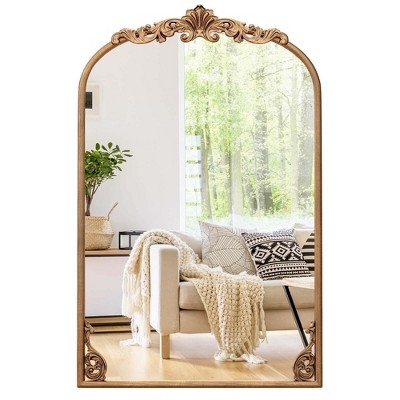 Ornate Wall Mirror: Arched Antique Gold with Crest and Beaded Trim