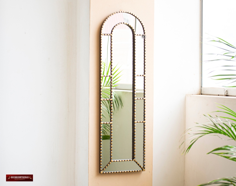 Ornate Wall Mirror Carved Gold Narrow Frame Geometric Decor