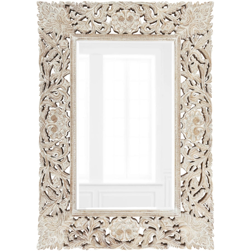 Ornate Wall Mirror Hand Carved Frame, Whitewashed Finish Oversized