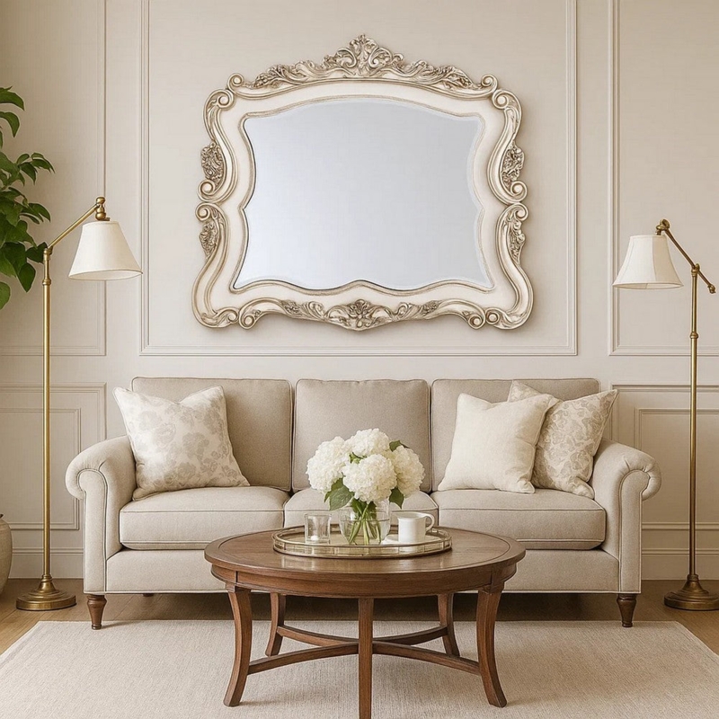 Ornate Wall Mirror Scalloped Scroll Trim, Antique White Distress