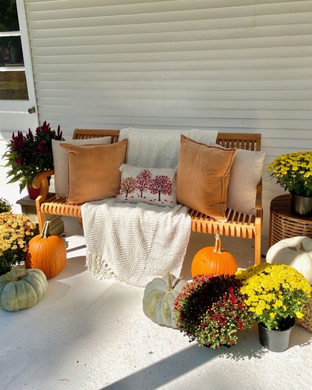 Outdoor Bench with Slatted Wood Seat and Autumnal Plaid Textiles
