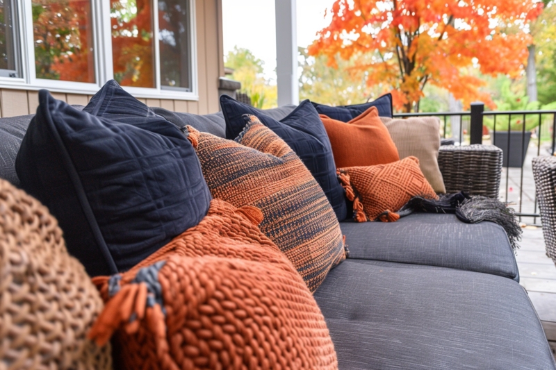 Outdoor Chair with Terracotta Pillows and Matte Black Metal Frame