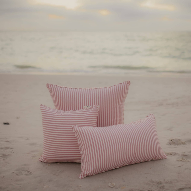 Outdoor Lumbar Throw Pillow, Striped Canvas Weave, Flanged Edge Detail