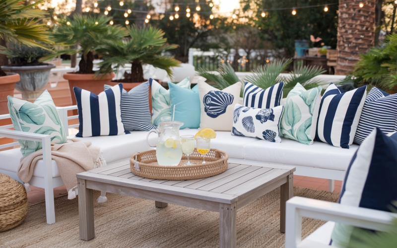 Outdoor Sectional Sofa Layered Textiles Gray Woven Texture Coastal
