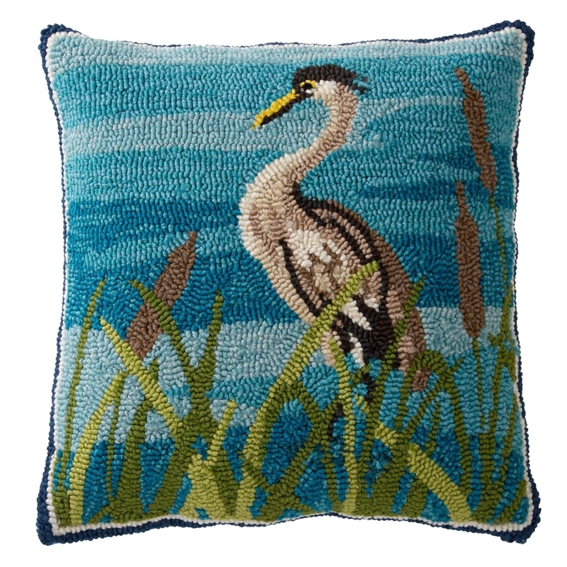 Outdoor Throw Pillow: Blue Heron Design, Durable Hooked Texture.