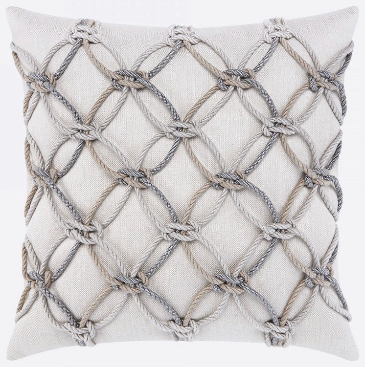 Outdoor Throw Pillow, Rope Net Overlay, Outdoor Rated, Coastal Style.