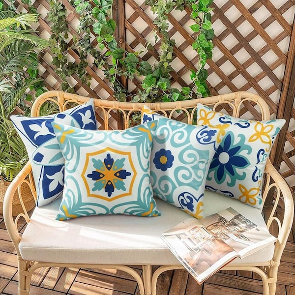 Outdoor Throw Pillows Waterproof Set Floral Boho Geometric Navy Teal