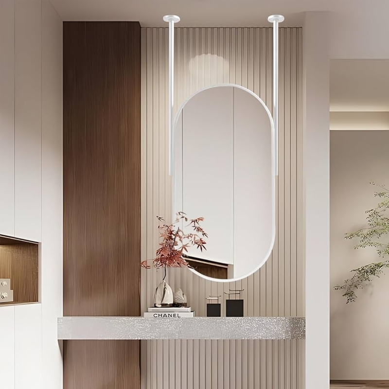 Oval Accent Mirror, Ceiling Mount Dual Rods with White Metal Frame