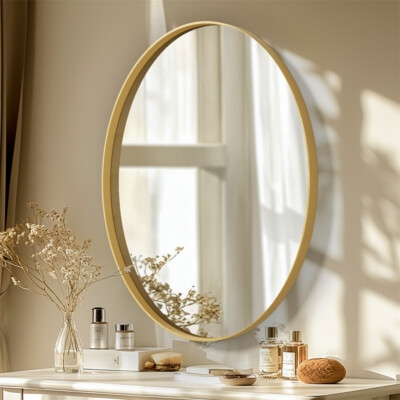 Oval Mirror Brushed Brass Finish Thin Frame Bathroom Vanity Accent