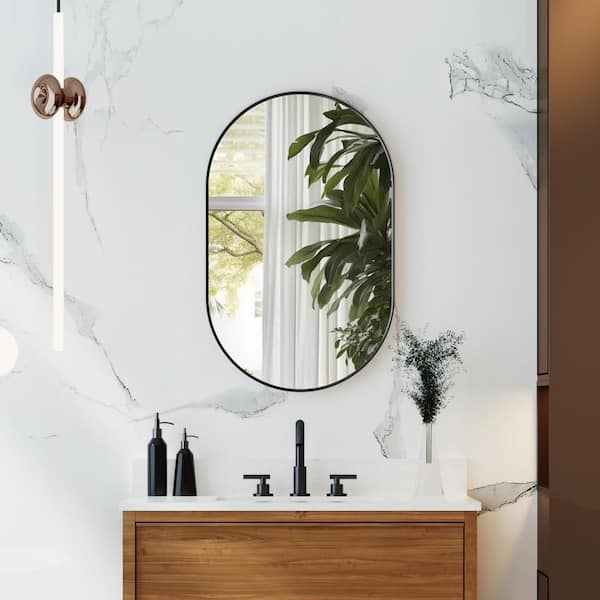 Oval Vanity Mirror, Slim Matte Black Frame, Transitional Bathroom Styling