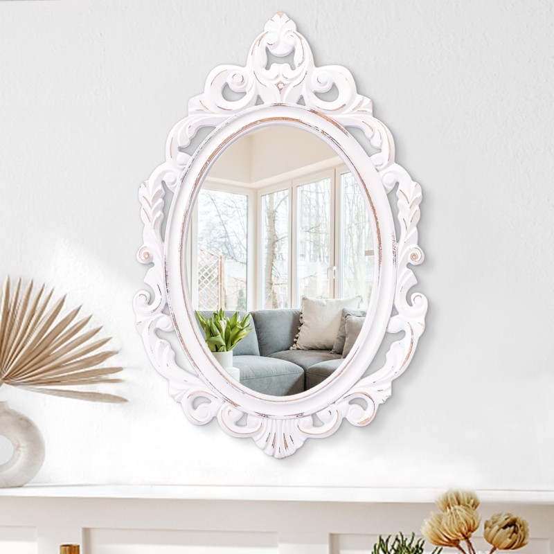 Oval Wall Mirror: Baroque White Frame with Floral Carvings