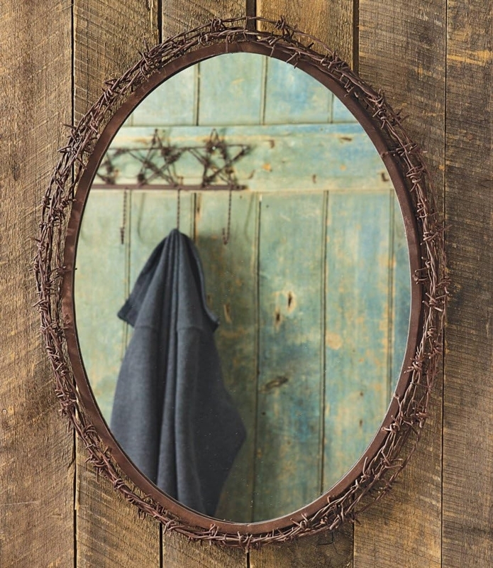 Oval Wall Mirror with Unique Metal Barbed Wire Frame Lodge Decor