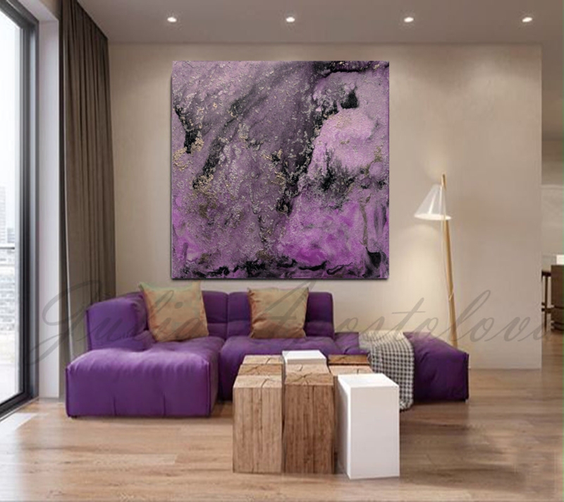 Oversized Abstract Wall Art Metallic Accents Purple and Black Palette