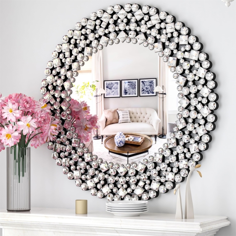 Oversized Accent Mirror, Silver Jeweled Frame, Faceted Crystals