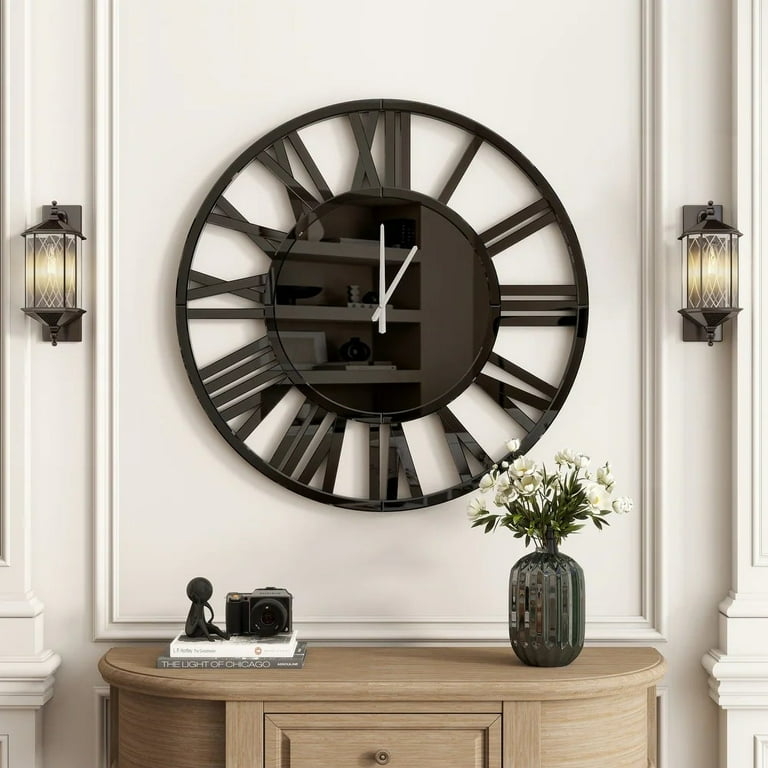 Oversized Black Glass Wall Clock Shimmering Textured Center Silver