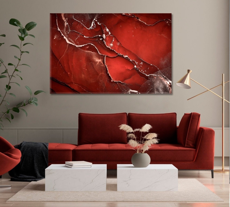 Oversized Canvas Wall Art with Red Marble Pattern Fluid Lines