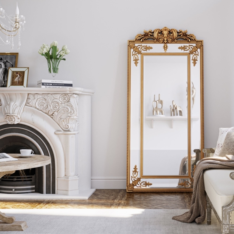 Oversized Floor Mirror Intricate Crown Carving Baroque Style