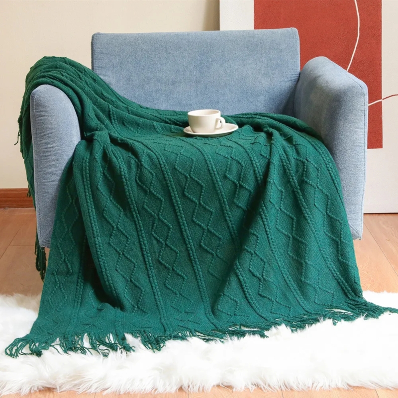 Oversized Knit Throw Blanket Forest Green Chunky Texture Hygge